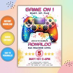 a video game birthday party flyer with a controller on the front and colorful paint splatters