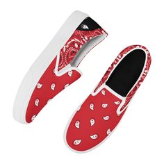 These Red & Black Bandana Pattern Slip On Sneakers are the perfect blend of comfort and fashion. The lightweight construction and slip on design makes them easy to wear and effortless to style. The unique pattern is sure to have you standing out in any crowd. • Classic textured canvas material • Vulcanized rubber sole • Unisex • 9 seizes available Shipping from China (21+ days to reach worldwide destinations on average) Casual Slip-on Canvas Shoes For Streetwear, Summer Slip-ons For Streetwear, Casual White Slip-ons For Streetwear, Red Slip-on Canvas Shoes For Spring, Comfortable Slip-on Canvas Shoes For Streetwear, Casual Red Sneakers For Spring, Casual Round Toe Slip-ons For Streetwear, Comfortable Slip-ons For Streetwear, Trendy Red Breathable Sneakers