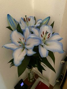 a vase filled with blue flowers on top of a table next to a laptop computer