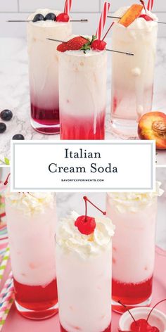 italian ice cream sodas with strawberries and cherries on the rim, served in tall glasses