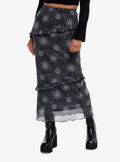 Cast a spell and channel those witchy vibes into spring! This midi skirt features tiered layers with lettuce hems  plus an allover monotone celestial design. Comes with an elasticated waistband.95% polyester; 5% elastaneWash cold; dry lowStretchy materialLength: 51''ImportedListed in junior sizesModel is 5'9''Model wears size Small Cosmic Aura, Midi Skirt Plus Size, Celestial Design, Cast A Spell, Tiered Midi Skirt, Skirt Plus Size, Tall Hoodies, Plus Size Fits, Witchy Vibes