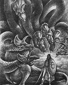 an image of a man standing in front of two snakes and another animal with its mouth open