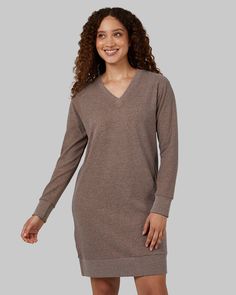 32 Degrees Sienna Heather _ Women's Soft Sweater Knit Vneck Dress {model: Renee is 5'9" Cozy Knit V-neck Sweater Dress, Winter V-neck Sweater Dress For Loungewear, Casual V-neck Sweater Dress For Loungewear, Long Sleeve Soft Knit Sweater Dress For Loungewear, Cozy Sweater Dress For Loungewear, Knit V-neck Sweater Dress For Loungewear, Fall V-neck Sweater Dress For Loungewear, V-neck Sweater Dress For Fall Loungewear, Fall Sweater Dress V-neck For Loungewear