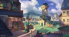 an animated city with a clock tower in the middle