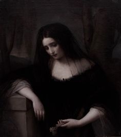 a painting of a woman with long hair holding a piece of fruit in her hand