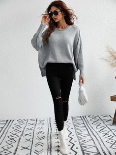 Grey Oversized Heather Grey Sweater With Ribbed Cuffs, Heather Grey Crew Neck Sweater For Fall, Gray Sweatshirt For Fall Layering, Oversized Gray Sweater For Fall, Gray Fall Layering Sweatshirt, Trendy Drop Shoulder Sweater For Layering, Gray Long Sleeve Soft Knit Sweater, Gray Soft Knit Long Sleeve Sweater, Gray Oversized Cozy Sweater