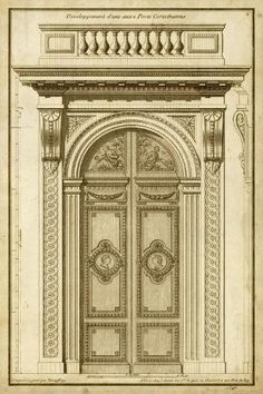 an architectural drawing of the entrance to a building with two large doors and one small door