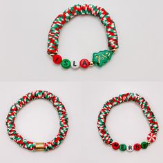 Customizable, lightweight 8mm speckle heishi green, red, and white color bead bracelet with brushed gold plated drum bead or acrylic letter beads, christmas bead, and 4 mm gold filled beads on stretch cord. These chic, trendy, festive bracelets are customized just for you! These holiday bracelets are perfect to bring out your holiday festive spirit or to gift to someone special (or as a stocking stuffer!) Each one is perfect on its own or layered with even more bracelets! Message me for layering Handmade Green Beaded Bracelets For Holidays, Adjustable Green Beaded Bracelets For Holiday, Holiday Green Beaded Bracelets, Green Beaded Bracelets For Holiday, Red Beaded Bracelet With Letter Beads For Holidays, Red Stretch Bracelet For Christmas Holiday, Adjustable Green Bracelets For Holiday, Adjustable Green Beaded Bracelets For Christmas, Heishi Bead Bracelet