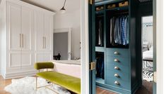 an open closet with clothes hanging on it and a green bench in front of it