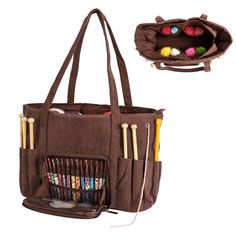 an image of a brown bag with crochet hooks and knitting needles in it