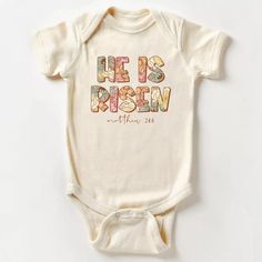 He Is Risen Jesus Easter Baby Bodysuit Spring Playtime Onesie With Letter Print, Spring Playtime Letter Print Bodysuit, Spring Cotton Onesie With Name Print, Personalized Fitted Onesie For Spring, Risen Jesus, Baby Aesthetic, Jesus Easter, Personalized Clothing, Easter Baby