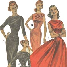 An eye-catching exceptionally good looking, 50s Princess Line Dress pattern, which is available in two sizes  and four styles. You can wear the versatile Dreamboat Dress anytime of the day or night. Team with boots, with flats, or killer heels - even add a beret for that extra touch! The pattern has a choice of Skirts: (A) Below-elbow with a sleeved sheath and princess lines have a crossed pleated bodice and a deep back scoop. Style (B) is a sleeveless sheath and (C) is a full-skirted dress with 50s Dress Pattern, Princess Line Dress, 1950s Dress Patterns, Butterick Dress Patterns, 1950s Patterns, 1950s Sewing Patterns, Princess Line, Draped Bodice, Full Skirt Dress