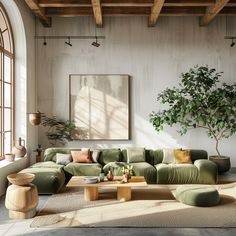 a living room filled with furniture and a potted plant