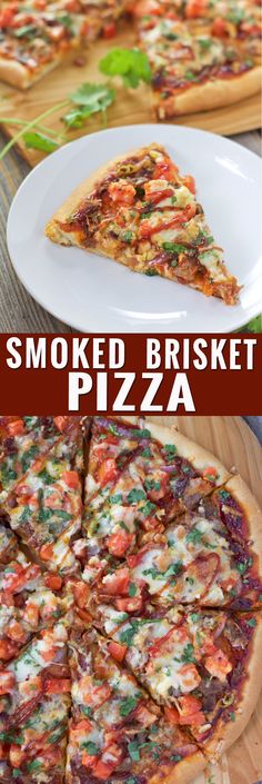 two different types of pizza on plates with the words smoked brisket pizza