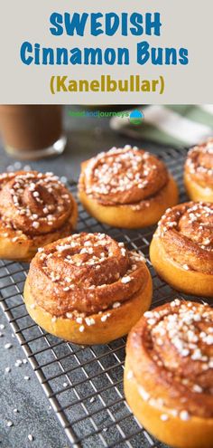 several cinnamon buns on a cooling rack with text overlay reading swedish cinnamon buns kanebular