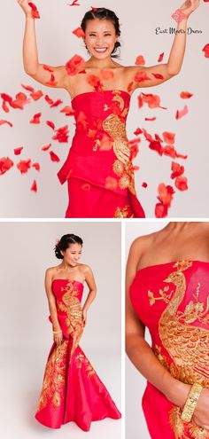 An Asian-inspired strapless gown decorated with a beautiful peacock embroidery. The corset back allows you to easily adjust the size and comfort of the dress. It’s the perfect dress for you to embrace your culture in for any special occasion.  #cheongsam #qipao #teaceremonydress #chinesedress #chineseweddingdress #moderncheongsam #modernqipao #teaceremony #peacockdress #mermaidqipao #laceqipao #redqipao #weddingqipao #weddingcheongsams #corsetdress #corsetqipao #eastmeetsdress Gold Strapless Evening Dress For Wedding, Gold Embroidered Evening Dress For Wedding, Peacock Wedding Dress, Gold Cheongsam, Peacock Wedding Dresses, Modern Qipao Dress, Modern Chinese Dress, Tea Ceremony Dress, Wedding Qipao