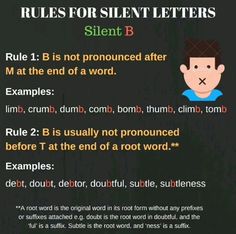 Silent b rules Silent Words In English Rules, Silent Letters In English Rules, Phonetics English Rules, Silent Letters In English, Phonetics English, Ghost Letters, Silent Letters, Grammar Notes, English Grammar Notes