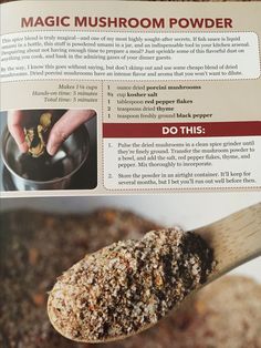 the instructions for how to make mushroom powder on a wooden spoon are shown in this book