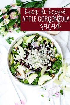 an apple and gorgonzolla salad with feta cheese in a white bowl