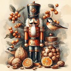 a nutcracker is surrounded by nuts and oranges with a bird perched on top