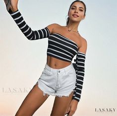 Lasaky - Striped Long-sleeved Backless Top with Strap Accents - Black and White Striped, Sexy and Slim-fitting with a Turtle Neck and Off-shoulder Design Long Sleeve Backless Top, Elegant Lace Tops, Backless Tank Top, Bodycon Tops, Striped Bodysuit, Black Camisole, Backless Top, Long Sleeve Striped Top, Striped Long Sleeve