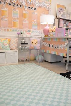 a child's room with toys and decor on the walls, including a desk