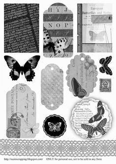 a bunch of tags that are on top of each other with words and butterflies around them