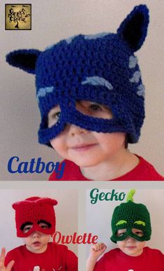 a child wearing a crocheted cat hat with two different colors on the top and bottom