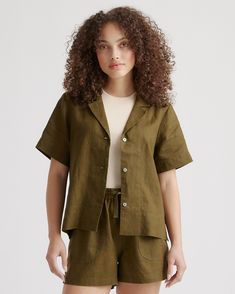 Say hi to relaxed, laidback luxe. Throw on this collared short sleeve with anything to level up a day-to-day fit. The boxy cut will pair with our linen shorts or pants to create your dream resort-life look. Our linen is made from 100% European flax, which is more sustainable and less resource-intensive to grow. Linen is the ultimate year-round fabric because it's breathable and naturally heat-regulating.  | Quince | Women's 100% European Linen Short Sleeve Shirt in Martini Olive, Size Large Linen Uniform, Silk Pajama Pants, Martini Olive, The Super Puff, Classic Blouses, Short Sleeve Shirt Women, Linen Short, Wide Leg Linen Pants, Performance Leggings