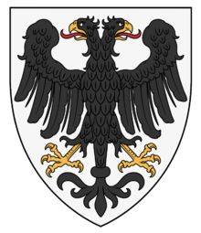 the coat of arms and two headed birds are shown in this crested shield design