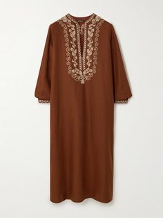 LORO PIANA Embroidered linen kaftan | NET-A-PORTER Elegant Floral Embroidered Tunic Kaftan, Elegant Brown Festive Kaftan, Festive Brown Elegant Kaftan, Eid Linen Kurta With Embroidered Border, Elegant Embroidered Brown Kurta, Folk Style Kaftan With Resham Embroidery For Eid, Elegant Embroidered Straight Kurta Kaftan, Eid Folk Style Kaftan With Resham Embroidery, Linen Kaftan