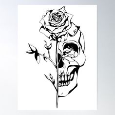 a black and white drawing of a skull with a rose