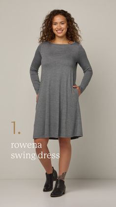 A five-piece merino wool capsule for the fall season - including a dress, leggings, scarf, cardigan and long sleeve tee. Merino Dress, Silhouette Dress, Ponte Leggings, Travel Dress, Fall Essentials, Quality Dresses, Fabulous Dresses, Layer Dress, Day Of The Week