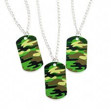 two green and black camouflage dog tags hanging from silver chain necklaces on white background