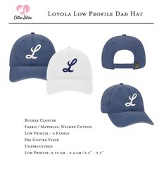 Get ready for Loyola baseball season with your very own low profile hat perfect for dad, mom, grandpa, grandma, and all the Cub fans in your life. This best selling cotton twill hat is unstructured and fits low. This soft crown comes pre curved and comes with an adjustable metal buckle on the back. Available in one size fits most (Low Profile: 8.25 cm - 8.4 cm / 3.2" - 3.3"). 6 Panel Cap 6 Sewn Eyelets Pre Curved Visor 4 Rows Stitching on Visor Matching Fabric Under Visor Metal Press Buckle Size Monogram Kids, Spa Wraps, Terry Robe, Matching Family Christmas Pajamas, Family Pajama Sets, Personalized Pajamas, Plaid Christmas Tree, Flannel Pants, 6 Panel Cap