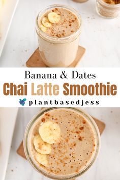 banana and dates chai latte smoothie in a glass with bananas on top