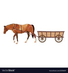 a brown horse pulling a wooden cart with wheels on white backgrounndg