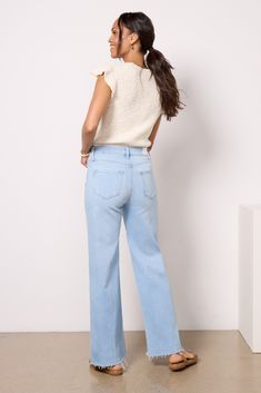 The wide leg jean you’ll be wearing on repeat. Finished with a full-length inseam, these Paige jeans are crafted in soft stretch denim with a flattering high-rise fit, raw hems, and distressing at the pockets. Take them from day to night with the switch of a shoe. Light Wash Wide Leg Flare Jeans For Work, Wide Leg Light Wash Flare Jeans For Work, Chic Denim Blue Wide-leg Flare Jeans, Chic Medium Wash Wide-leg Flare Jeans, Chic Medium Flare Wide-leg Jeans, Chic Light Wash Mid-rise Wide Leg Pants, Chic Mid-rise Medium Wash Wide Leg Pants, Chic Medium Wash Mid-rise Wide Leg Pants, Chic Light Wash Wide Leg Flare Jeans