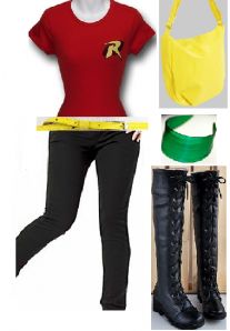 a woman in red shirt and black pants with yellow measuring tape on her waist next to boots