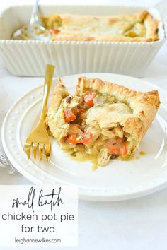 a white plate topped with a piece of pie next to a fork and pan filled with food