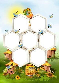 the bees are flying around the honeycombs and beehive with frames for photos