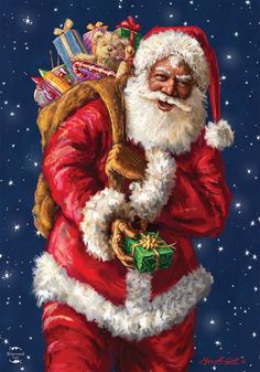 a painting of santa claus carrying presents on his back