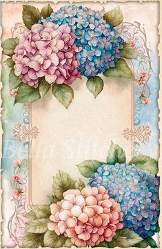 a watercolor painting of blue and pink flowers