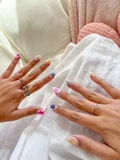 colorful spring nails💅🏼 #nails #nailart #springnaildesigns #colorful #funnails #nailaesthetic #pinterest #nailtech #springnails #summernails #shortnailsdesign #2024nails #2024 #almondnails Cute Nails School, Nails With Bright Colors, Cute Aesthetic Almond Nails, Natural Summer Nail Designs, May Nail Inspo 2024, Nails With A Lot Of Designs, Nail Designs Retro, Different Design Each Nail, Graphic Art Nails