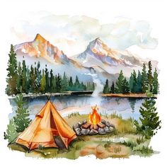 Camping Watercolor, Camping In The Woods, Camping Clipart, Travel Project, Watercolor Illustrations, Travel Illustration, Camping Art, Outdoor Art, Travel Themes