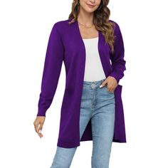 The UVPLOVE Women's Open Front Casual Long Sleeve Soft Knit Classic Cardigan Sweaters with Pockets is a V-neck, open front cardigan with long sleeves and a classic solid colour knit. This versatile, well-made cardigan features a ribbed hem and sleeves, a midi length, and is crafted from light stretch fabric for comfort in transition weather. It is suitable for all seasons and flatters the body. The front pockets are big and the fabric is high-quality and soft. It makes a great gift for various o Casual Long Purple Outerwear, Purple Cardigan For Fall Layering, Purple Knit Outerwear For Fall, Purple Winter Cardigan For Layering, Purple Open Front Cardigan For Fall, Winter Purple Open Front Cardigan, Purple Long Sleeve Sweater Coat For Fall, Solid Color Knit Sweater Coat, Purple Knit Cardigan For Fall