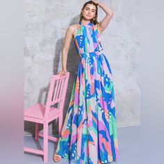 This Portrait Of A Lady On Woven Maxi Dress Is Crafted From Lightweight, Printed Woven Fabric That Moves Beautifully. It Has A High Halter Neckline With A Tie For A Secure Fit, Is Sleeveless For Maximum Mobility And A Back Smocked Waist Band For Added Comfort. This Sophisticated Design Is Sure To Be A Wardrobe Favorite. Details - Self: 100% Polyester - Lining: 100% Polyester Size & Fit - Model Is 5`8 " And Wearing Size Small - Measurements Taken From Size Small - Approx. Length: 62” Nwot - Never Unique Maxi Dress Designs, Sunlit Spring, Clothes Wardrobe, Dress Book, Halter Neck Maxi Dress, Flying Tomato, Work Style, Pretty Dress, Back To School Outfits