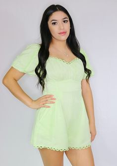 Product Description: Green romper Color: Light green Material: 72% Rayon 20% Nylon 8% Spandex Casual Fitted Bubble Romper With Short Sleeves, Chic Green Spring Jumpsuits And Rompers, Casual Fitted Short Sleeve Bubble Romper, Fitted Short Sleeve Casual Bubble Romper, Casual Bubble Romper With Short Sleeves, Casual Solid Color Short Sleeve Bubble Romper, Solid Color Short Sleeve Bubble Romper For Spring, Fitted Solid Bubble Romper For Summer, Spring Casual Solid Bubble Romper