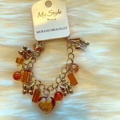 Nwt Citrine Looking Jewels Murano Bracelet Elegant Orange Metal Bracelets, Elegant Orange Metal Bracelet, Orange Bracelet Jewelry With Lobster Clasp, Orange Bracelet With Lobster Clasp, Gold Orange, Orange Gold, Womens Jewelry Bracelets, Citrine, Orange Color