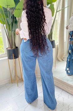 Details: Material: Denim Style: Casual Pattern Type: Solid Element: Hollowed Out, Patchwork Elastic: Small Elastic Suit Type: Jeans Fit Type: Regular Waist Type: High Waist Closure Type: Zipper Hasp Profile: Straight Type: Solid Color Size(in) Waist Hips Bottom Length S 24.4 39.4 40.2 M 26 40.9 40.6 L 27.6 42.5 40.9 XL 29.1 44.1 41.3 Tips:Due to the many variations in monitors, the color in the image could look slightly different, please take physical design and color shall prevail.Please allow 0.4"-1" differs due to manual measurement. Stylish Tunic Tops, Blouse Korean Style, White Summer Shirt, Suit Type, Stylish Tunic, Spring Blouses, Beige Plaid, The Office Shirts, Black And White Shirt